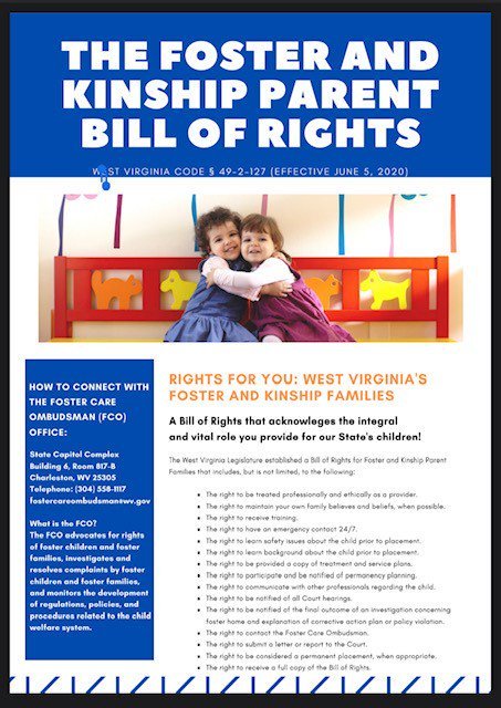 the foster and kinship parent bill of rights as written in West Virginia Code, section 49-4-601. full text below image.