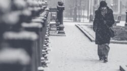 person walks on sidewalk with snow falling