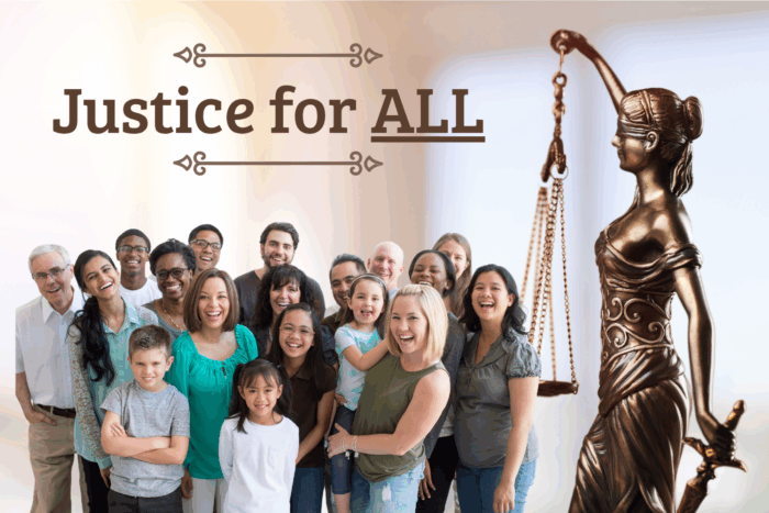 a group of people stand next to lady justice with a headline that reads "Justice for ALL"