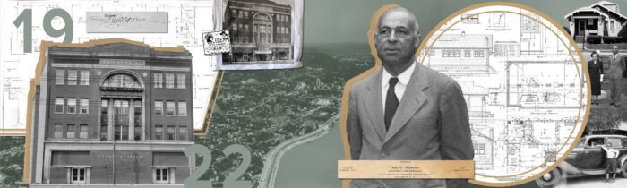 The Staats Hospital facade, photo of designer, John C. Norman, and historic maps and photos of Charleston and building.